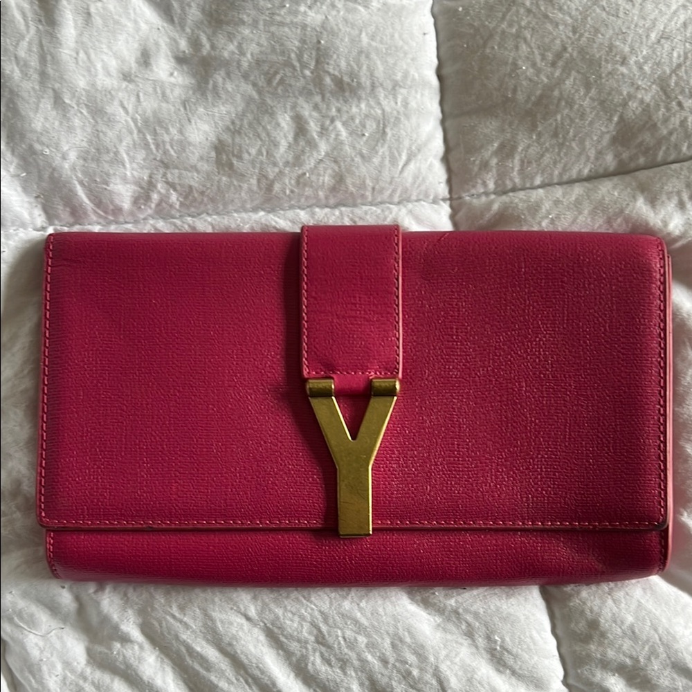 Yves Saint Laurent Pink and Gold Clutch with Iconic Y Hardware